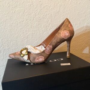 Coach Brown Floral Pointed Toe Pump with Pink Flowers and Gold Buckle